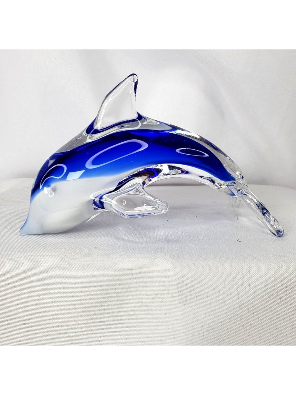 VTG Handblown Glass Dolphin Figurine In Cobalt Blue & Clear 5" Long 3.5" Tall